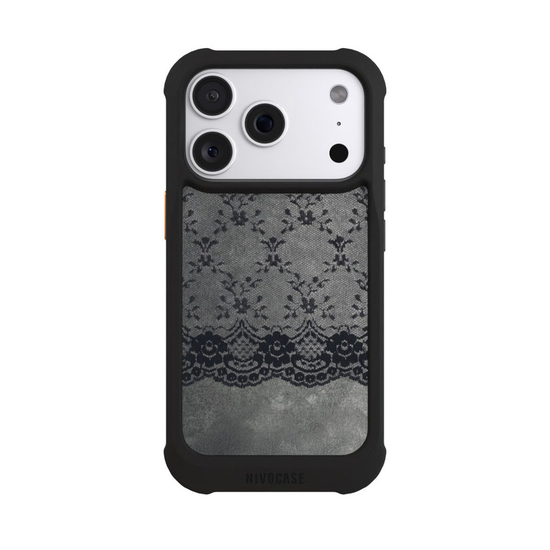 iPhone 18 Pro NIVOmax Schwarzes Spitzenmuster auf grauem Hintergrund