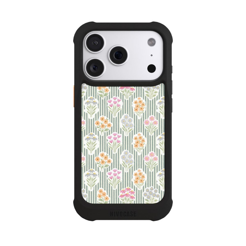 iPhone 18 Pro NIVOmax Ditsy Flower Sticker Bouquets on Blue and Cream Pinstripes