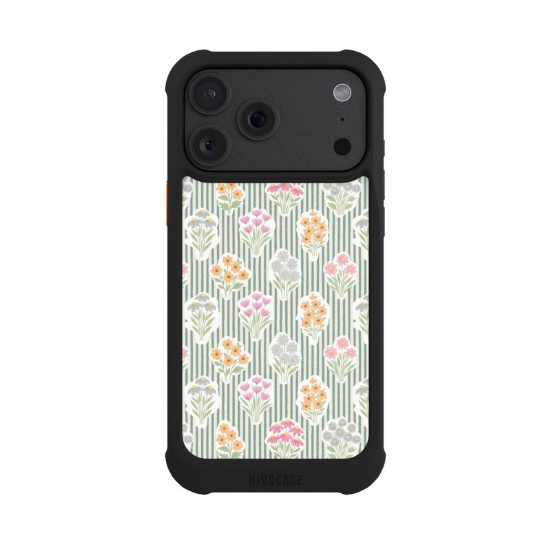 iPhone 18 Pro Max NIVOmax Ditsy Flower Sticker Bouquets on Blue and Cream Pinstripes