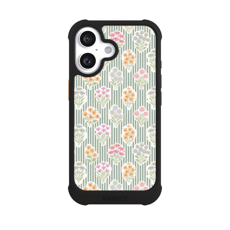 iPhone 16 NIVOmax Ditsy Flower Sticker Bouquets on Blue and Cream Pinstripes
