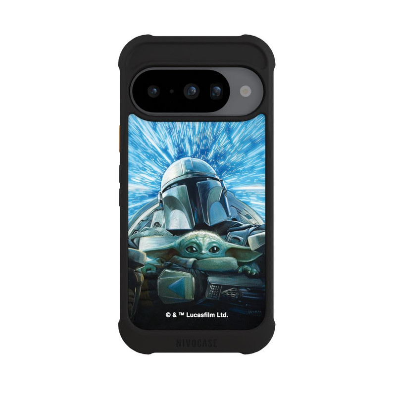 Pixel 10 NIVOmax Grogu und Mando fliegen blau