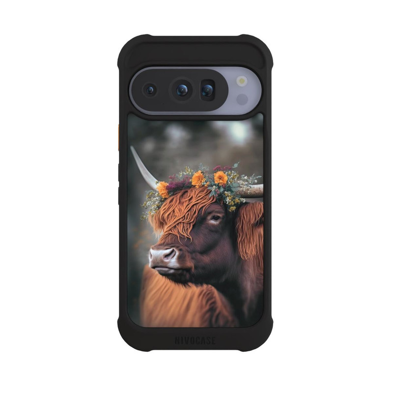 Pixel 10 Pro NIVOmax Vache des Highlands avec des fleurs avec IA