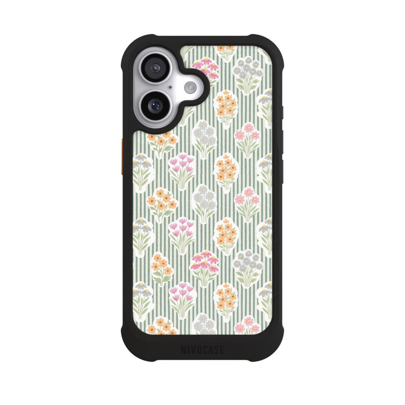 iPhone 17 NIVOmax Ditsy Flower Sticker Bouquets on Blue and Cream Pinstripes