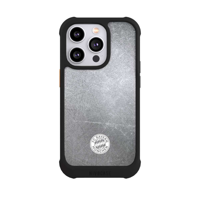 iPhone 14 Pro NIVOmax Logo FCB Classique Petit - Blanc sur Fond Métallique