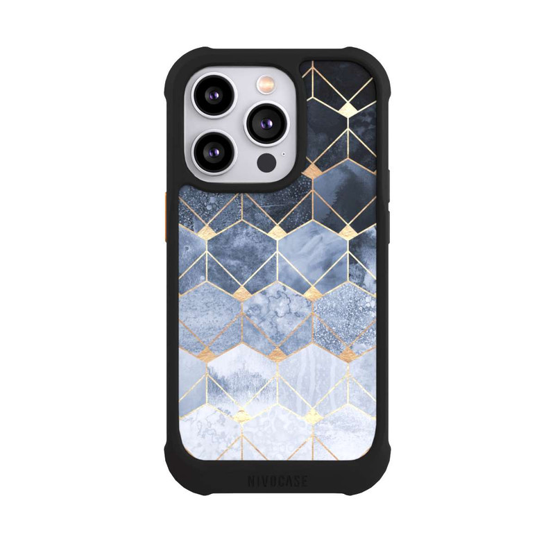 iPhone 14 Pro NIVOmax Blaue Sechsecke und Diamanten Golddruck