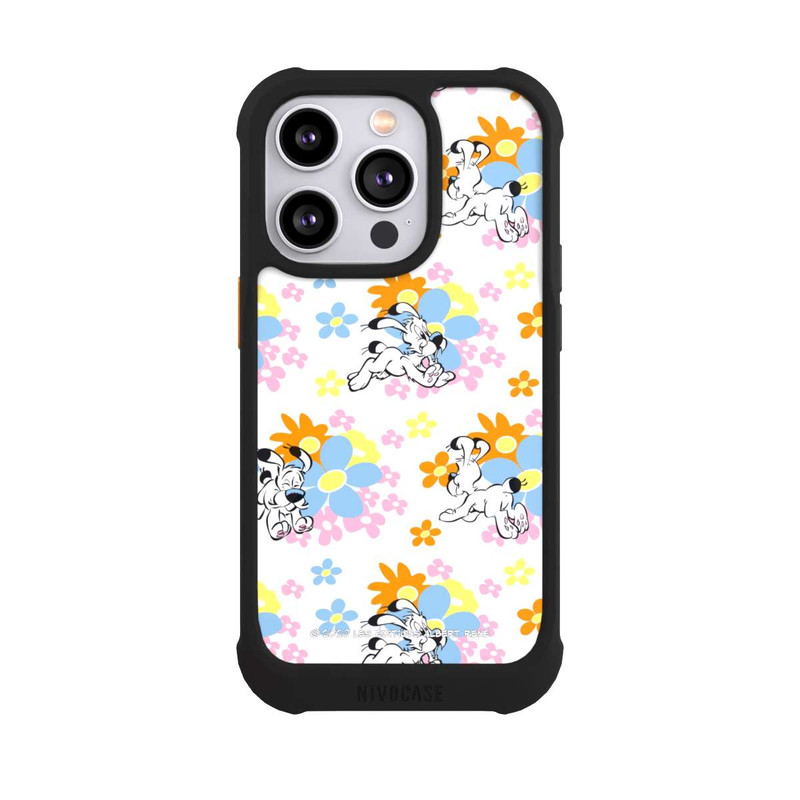 iPhone 14 Pro NIVOmax Idéfix sur fleurs colorées