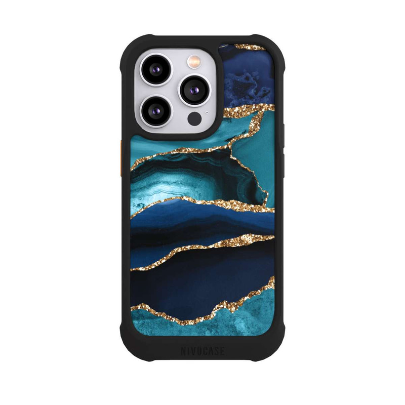 iPhone 14 Pro NIVOmax Dark and Light Blue Marble Gold Glitter Look