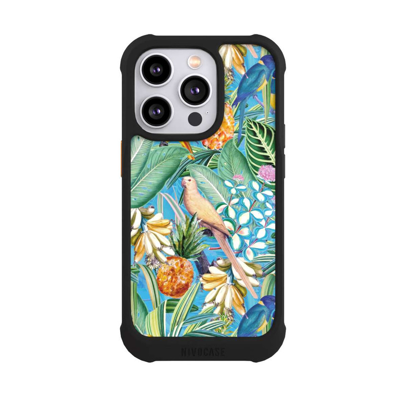 iPhone 14 Pro NIVOmax Tropische Papageien auf blauer Tapete