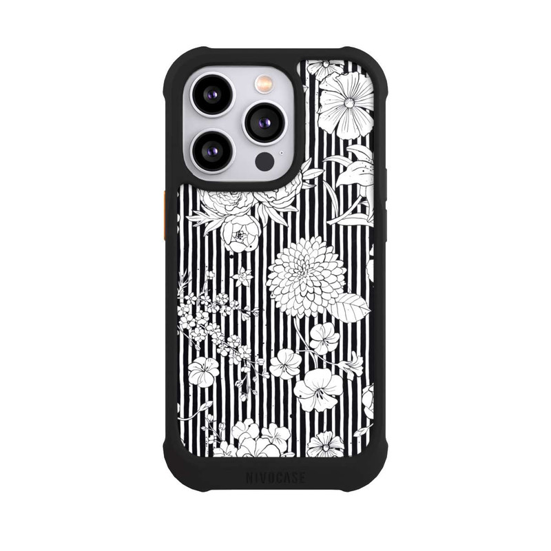 iPhone 14 Pro NIVOmax Fleurs et rayures noir et blanc