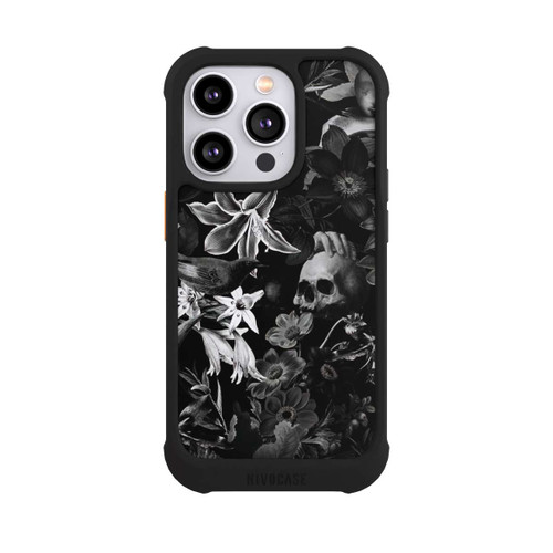 Apple iPhone 14 Pro NIVOmax Totenköpfe und Blumen auf schwarzem Hintergrund