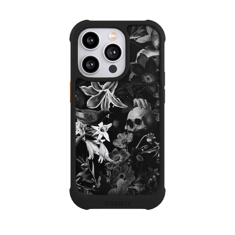 iPhone 14 Pro NIVOmax Totenköpfe und Blumen auf schwarzem Hintergrund