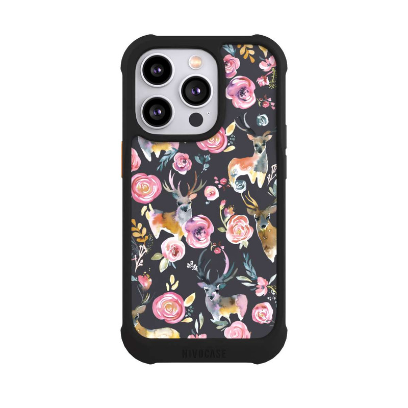 iPhone 14 Pro NIVOmax Hirsche und Blumen Anthrazit