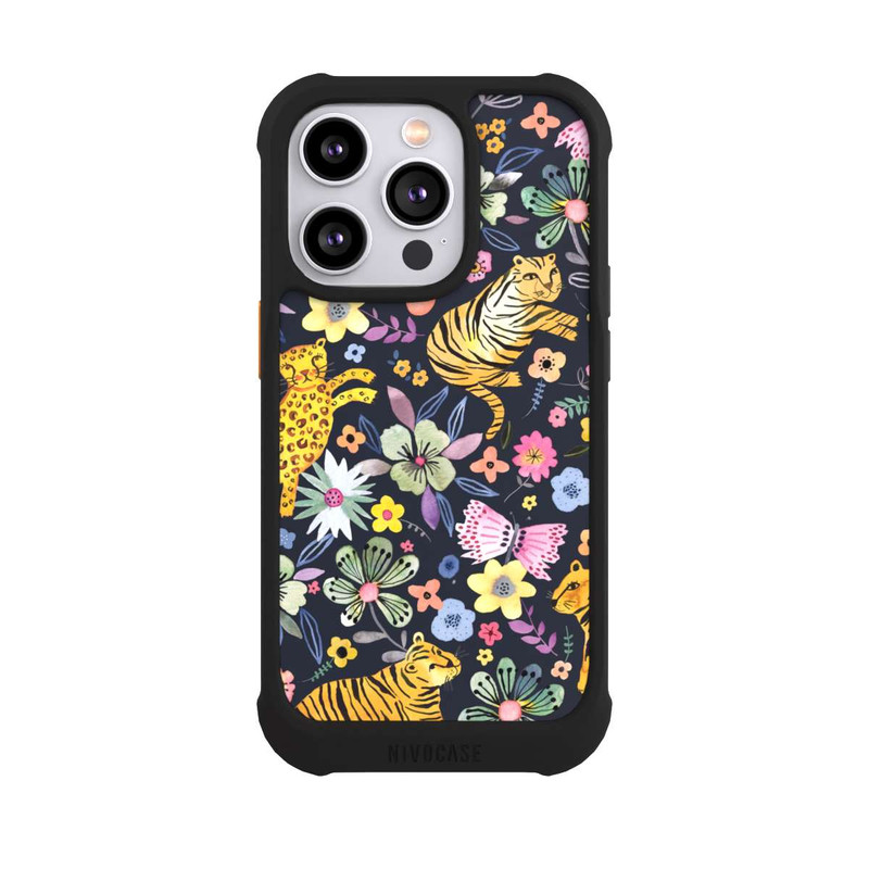 iPhone 14 Pro NIVOmax Frühlingsblumen mit Tiger schwarz