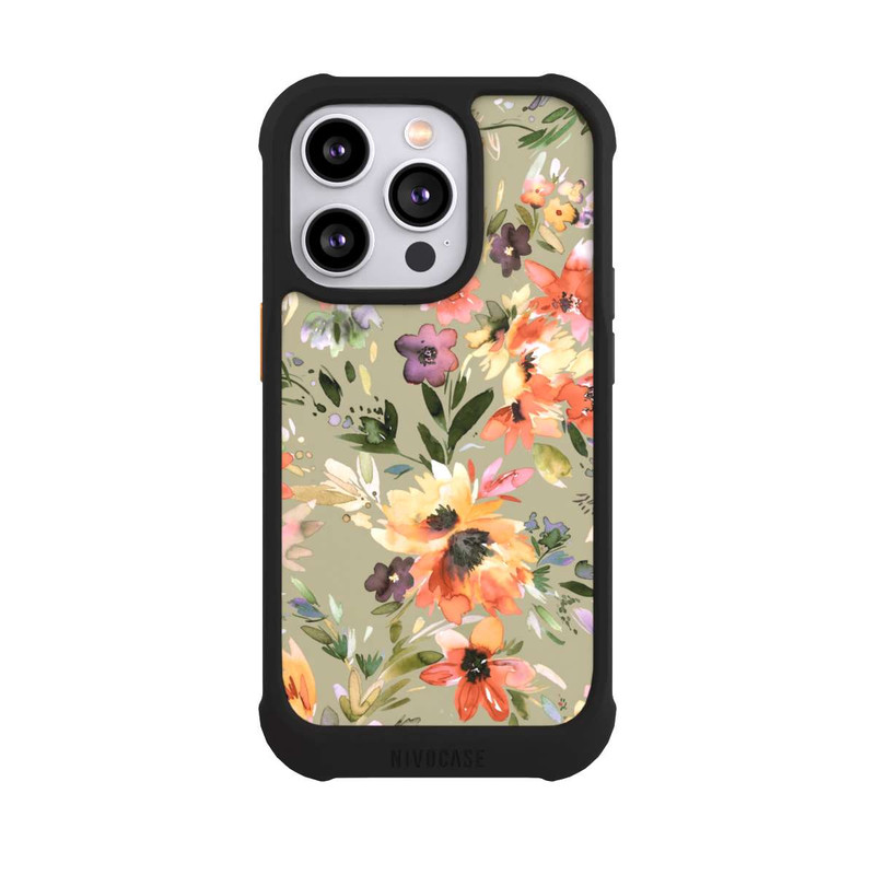 iPhone 14 Pro NIVOmax Malerische tropische Blumen Salbeigrün