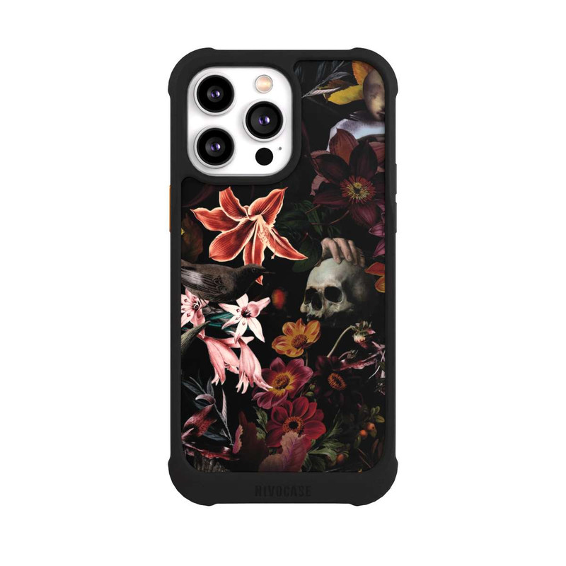 iPhone 14 Pro Max NIVOmax Totenköpfe und Blumen auf dunklem Hintergrund