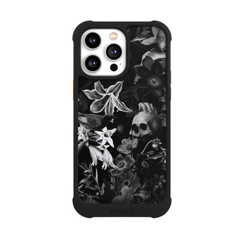 Apple iPhone 14 Pro Max NIVOmax Totenköpfe und Blumen auf schwarzem Hintergrund