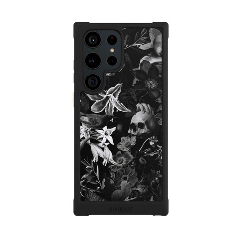 Samsung Galaxy S23 Ultra NIVOmax Totenköpfe und Blumen auf schwarzem Hintergrund