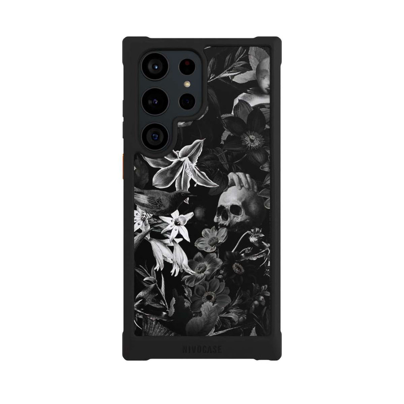 Galaxy S23 Ultra NIVOmax Totenköpfe und Blumen auf schwarzem Hintergrund