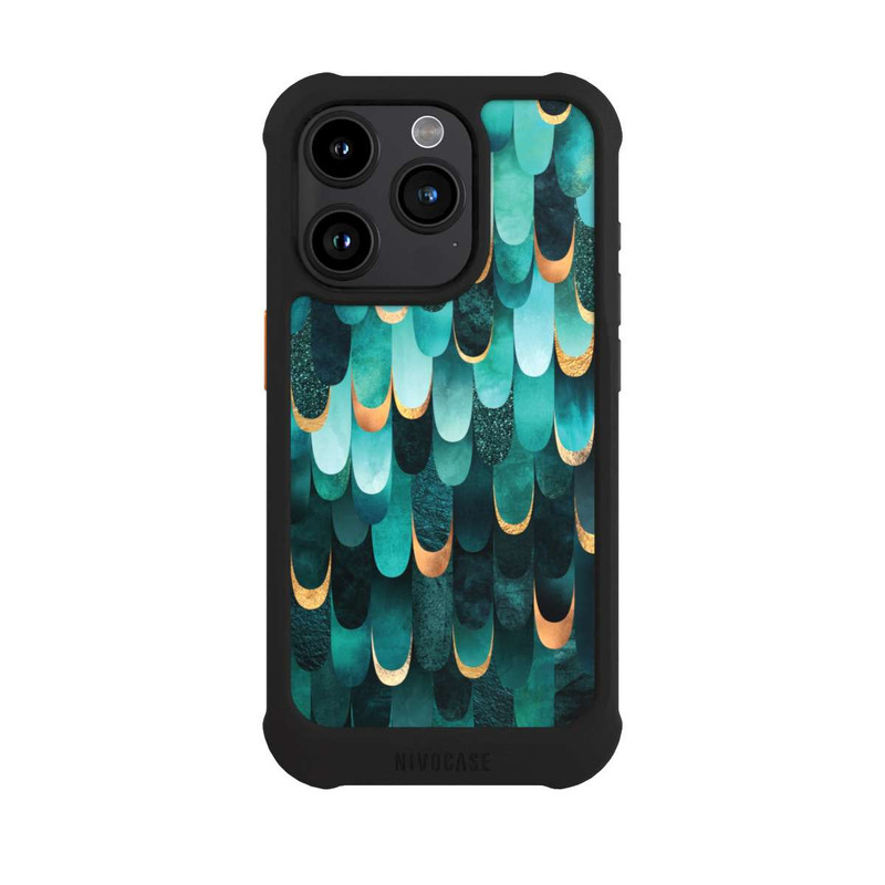 iPhone 15 Pro NIVOmax Imprimé or turquoise à plumes