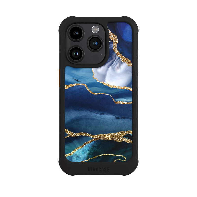 iPhone 15 Pro NIVOmax Blue Marble Gold Glitter Look