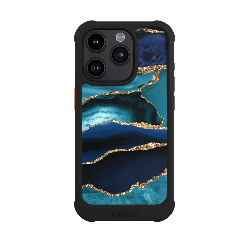 iPhone 15 Pro NIVOmax Dark and Light Blue Marble Gold Glitter Look