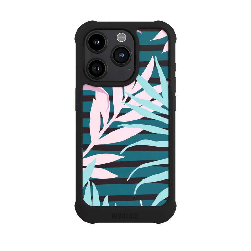 iPhone 15 Pro NIVOmax Feuilles de jungle pastel rose sarcelle