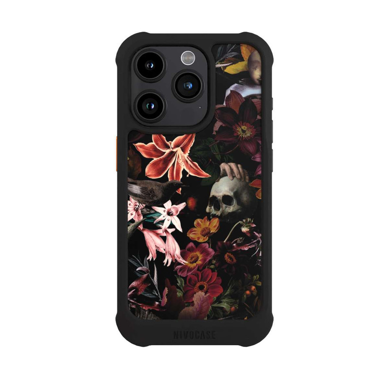 iPhone 15 Pro NIVOmax Totenköpfe und Blumen auf dunklem Hintergrund