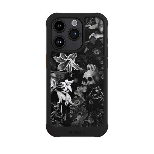 Apple iPhone 15 Pro NIVOmax Totenköpfe und Blumen auf schwarzem Hintergrund