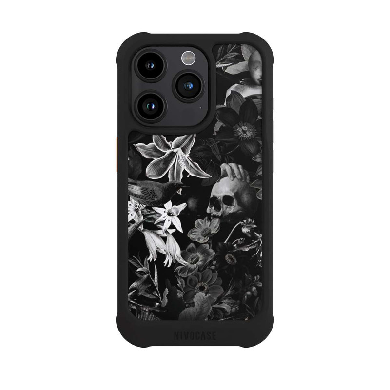 iPhone 15 Pro NIVOmax Crânes et fleurs sur fond noir