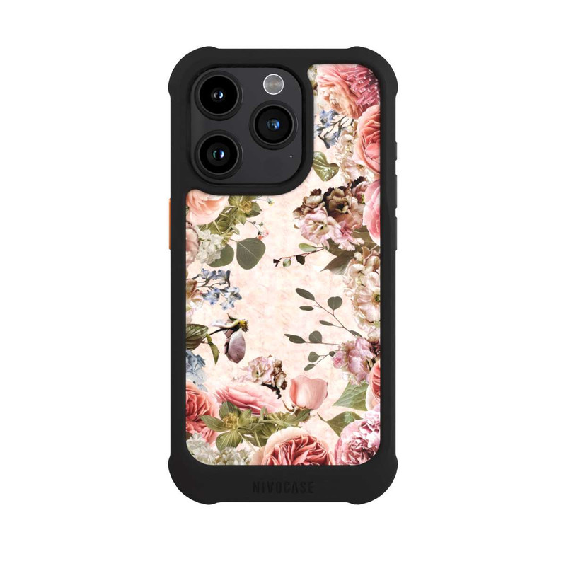 iPhone 15 Pro NIVOmax Cadre floral pivoines pastel