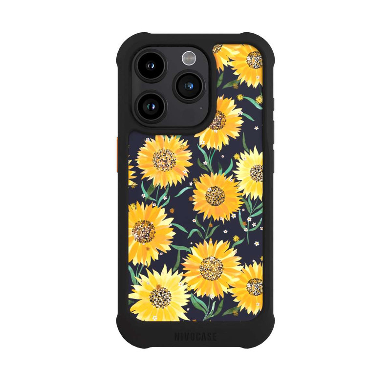 iPhone 15 Pro NIVOmax Fleurs de Tournesol sur Fond Noir