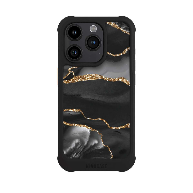 iPhone 15 Pro NIVOmax Dunkle Marmorstreifen im Goldlook