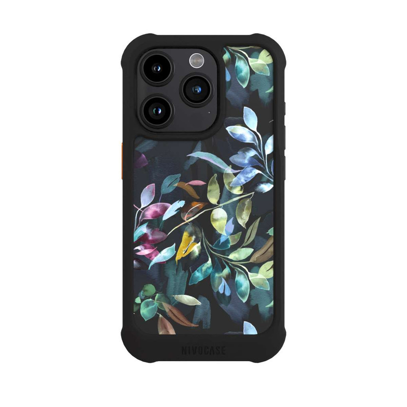 iPhone 15 Pro NIVOmax Aquarelle Feuilles Mystiques Noir