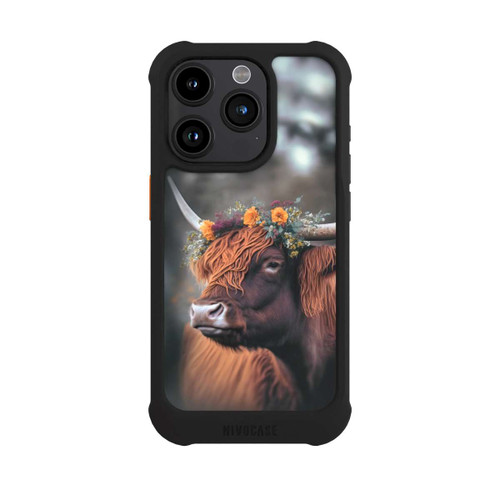 Apple iPhone 15 Pro NIVOmax Vache des Highlands avec des fleurs avec IA
