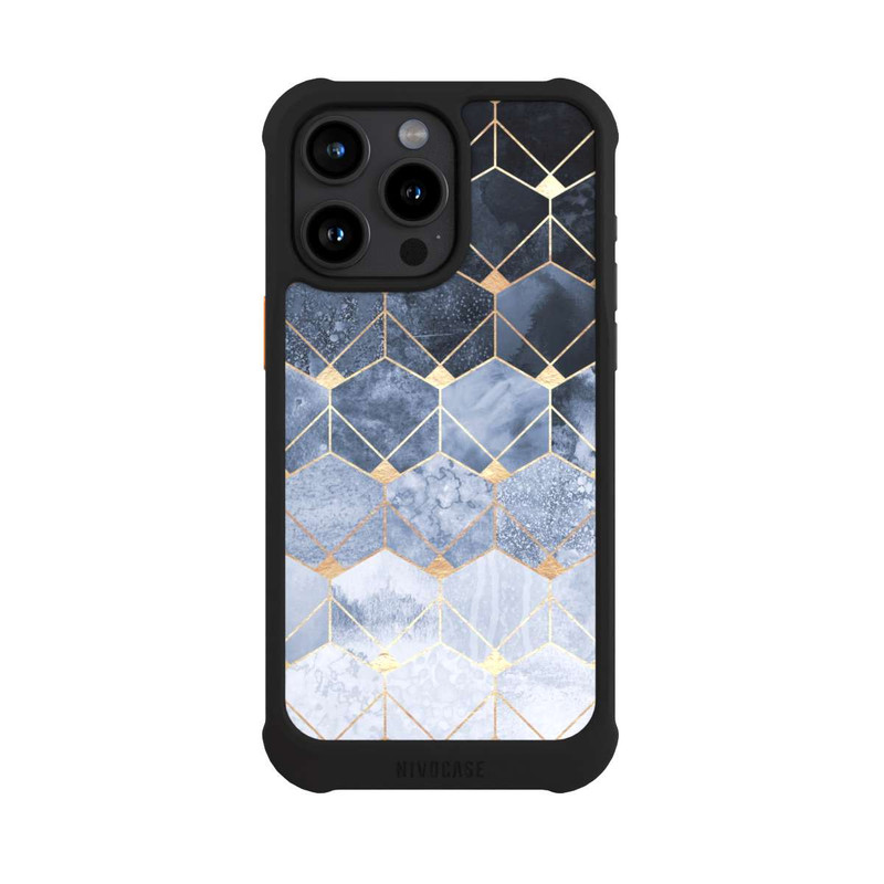 iPhone 15 Pro Max NIVOmax Blaue Sechsecke und Diamanten Golddruck