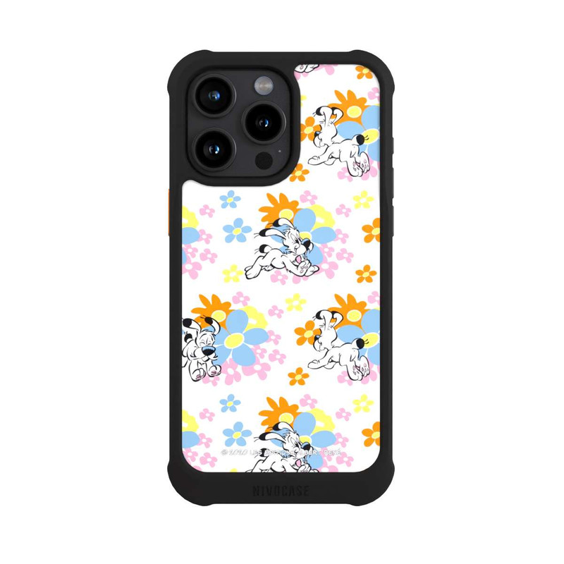 iPhone 15 Pro Max NIVOmax Idéfix sur fleurs colorées