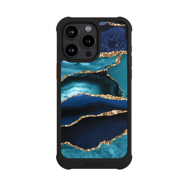 iPhone 15 Pro Max NIVOmax Dark and Light Blue Marble Gold Glitter Look