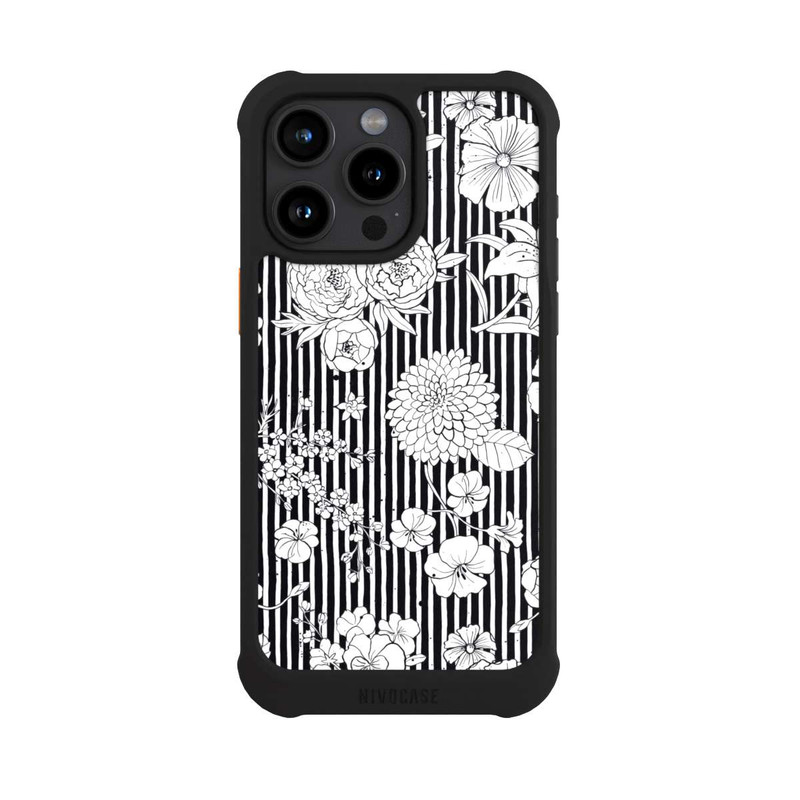 iPhone 15 Pro Max NIVOmax Fleurs et rayures noir et blanc