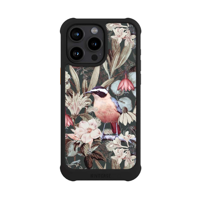 iPhone 15 Pro Max NIVOmax Oiseau orange à motif de fleurs vintage