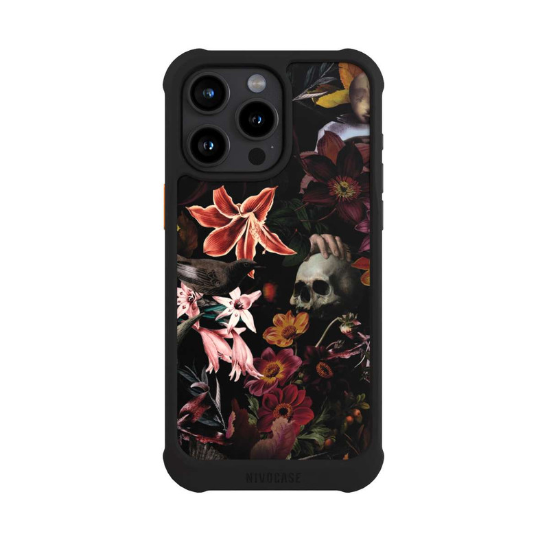 iPhone 15 Pro Max NIVOmax Totenköpfe und Blumen auf dunklem Hintergrund