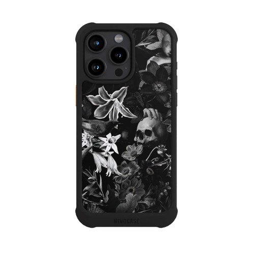 Apple iPhone 15 Pro Max NIVOmax Totenköpfe und Blumen auf schwarzem Hintergrund