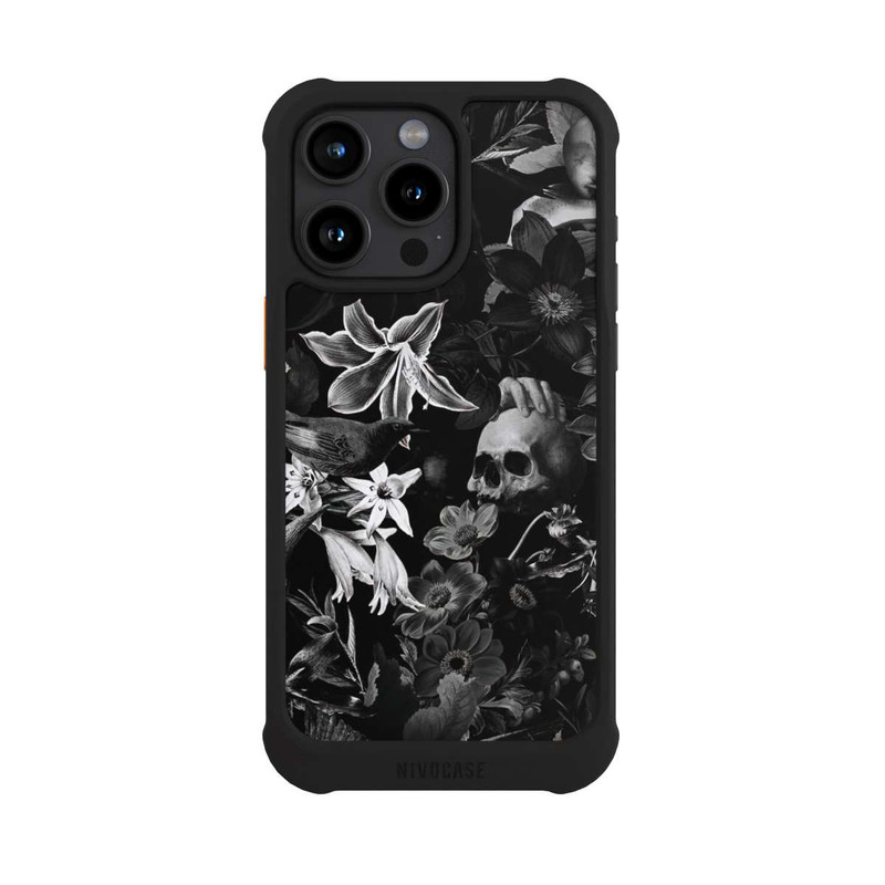 iPhone 15 Pro Max NIVOmax Totenköpfe und Blumen auf schwarzem Hintergrund