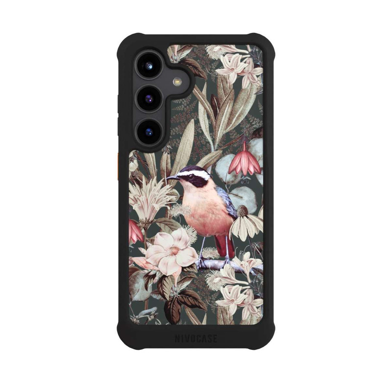 Galaxy S24 NIVOmax Orangefarbener Vogel im Vintage Blumenmuster