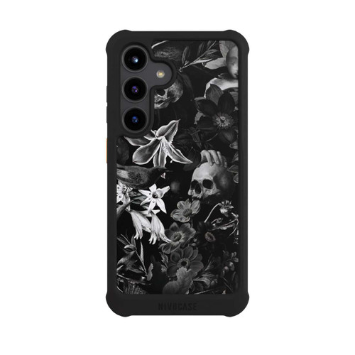 Samsung Galaxy S24 NIVOmax Totenköpfe und Blumen auf schwarzem Hintergrund