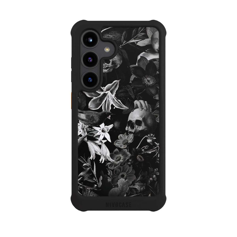Galaxy S24 NIVOmax Totenköpfe und Blumen auf schwarzem Hintergrund