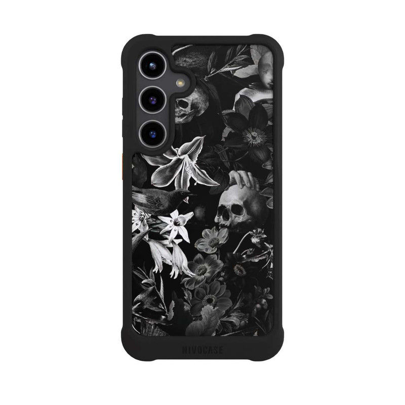 Galaxy S24 + NIVOmax Totenköpfe und Blumen auf schwarzem Hintergrund