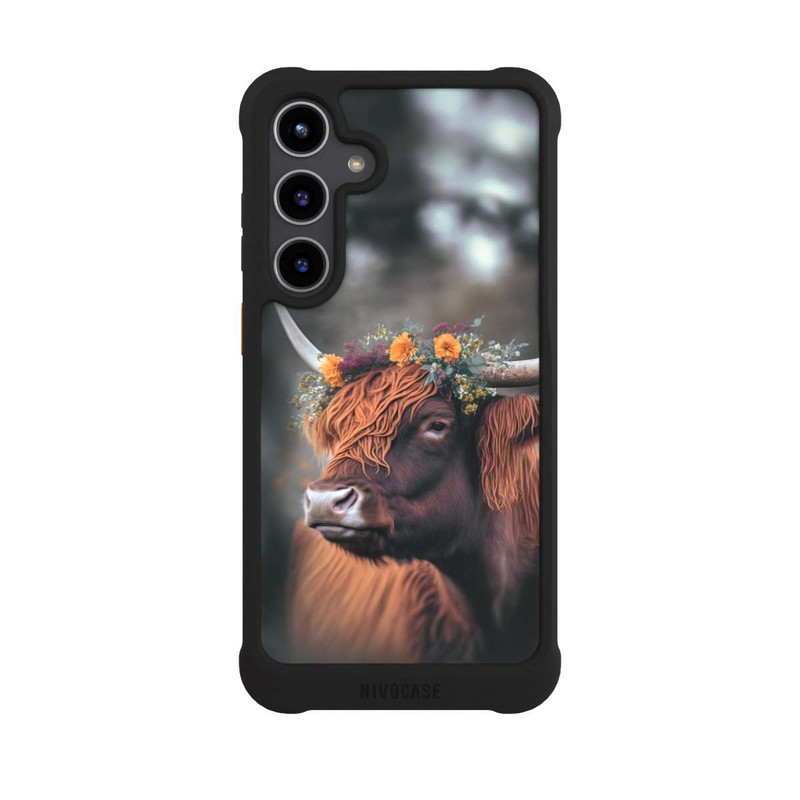 Galaxy S24 + NIVOmax Vache des Highlands avec des fleurs avec IA