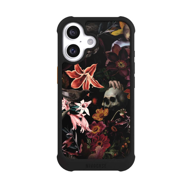 iPhone 16 NIVOmax Totenköpfe und Blumen auf dunklem Hintergrund