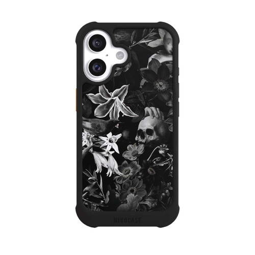 Apple iPhone 16 NIVOmax Totenköpfe und Blumen auf schwarzem Hintergrund