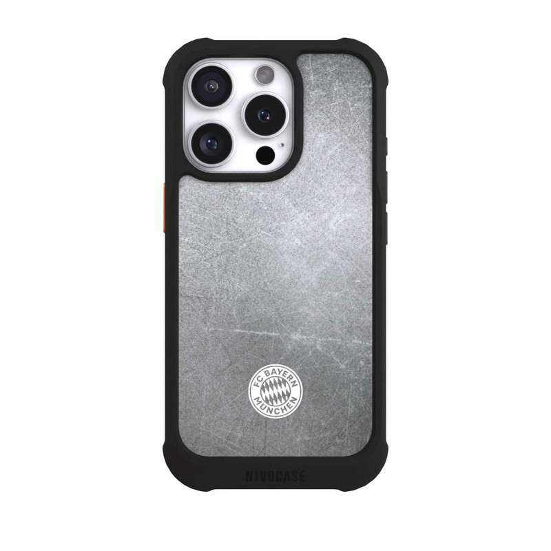 iPhone 16 Pro NIVOmax Klassisches FCB Logo Klein - Weiß auf Metalllook